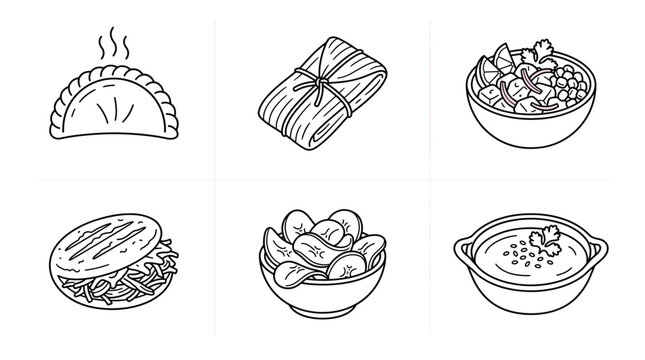 Collection of six hand drawn Mexican food icons in black and white