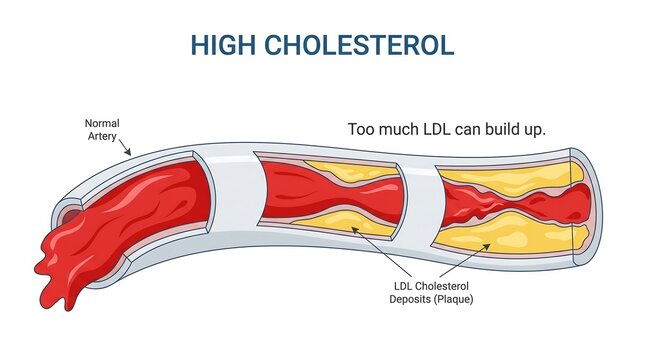 Cross-section illustration of artery showing LDL cholesterol buildup and plaque formation