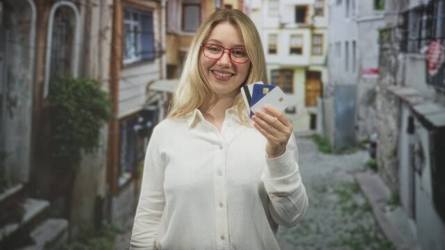 Woman holding a fan of creditcards in hand, smiling and presenting payment cards on a cobbled street; confidence financial freedom.