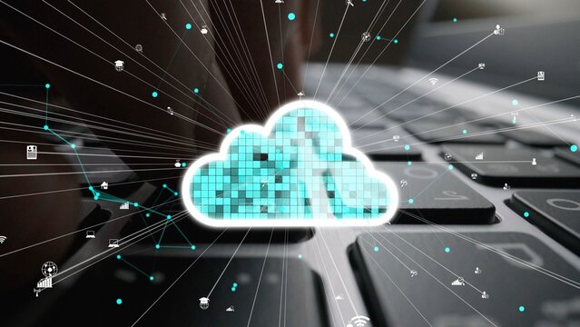 Abstract illustration of cloud computing concept featuring a cloud icon and digital connections against a keyboard backdrop, symbolizing data management and innovation. Xenic