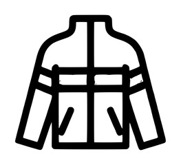 Athletic zipped running windbreaker jacket with stand collar slanted hand pockets and shaded reflective chest band, monoline black outline vector icon isolated on a plain white backdrop © MstHosne
