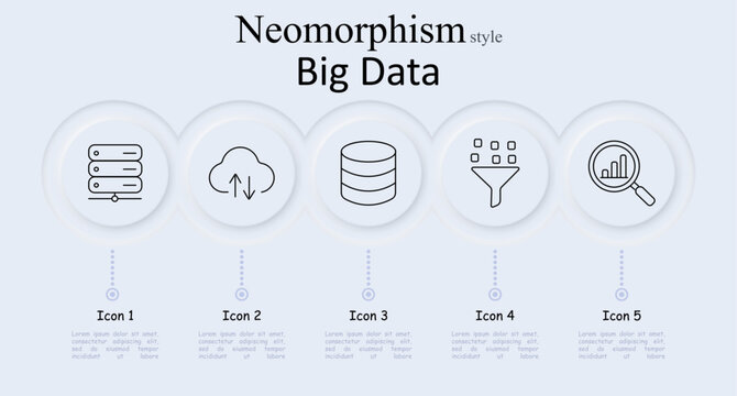Big Data set icon. Server racks stack vertically. Cloud shows upload download arrows. Cylinder database stands alone. Funnel filters scattered squares. Magnifier examines bar chart.