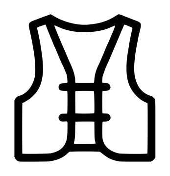 Sleeveless athletic safety vest with deep scoop armholes and two front fastening connector straps across the chest, bold black contour illustration isolated on an empty white background