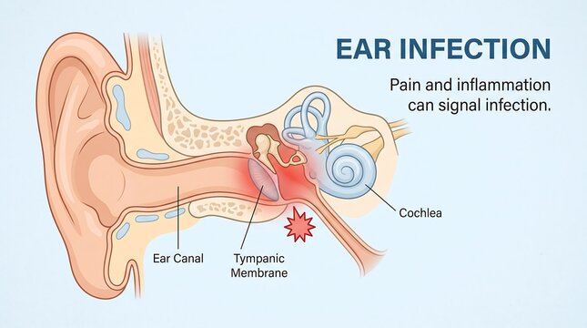 Anatomical illustration of human ear showing an infection affecting the tympanic membrane ear canal and cochlea