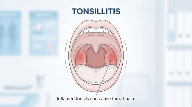 Anatomical illustration of an open human mouth showing inflamed tonsils indicating the condition of tonsillitis