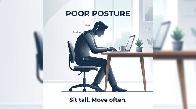 Ergonomic posture correction infographic vector featuring person working at desk with improper slouching alignment lines for workplace health and office safety