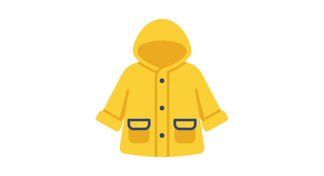 Yellow hooded raincoat illustration features a flat design with simple shapes and details