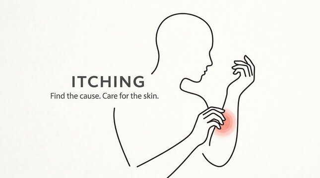 Line art vector illustration of human profile scratching itchy forearm with red inflamed skin irritation spot for dermatology and allergy awareness