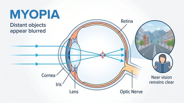 Myopia eye anatomy vector infographic explaining nearsightedness light refraction focus