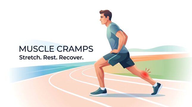 Muscle cramps athletic injury vector illustration featuring runner stretching calf muscle with red pain highlight on running track