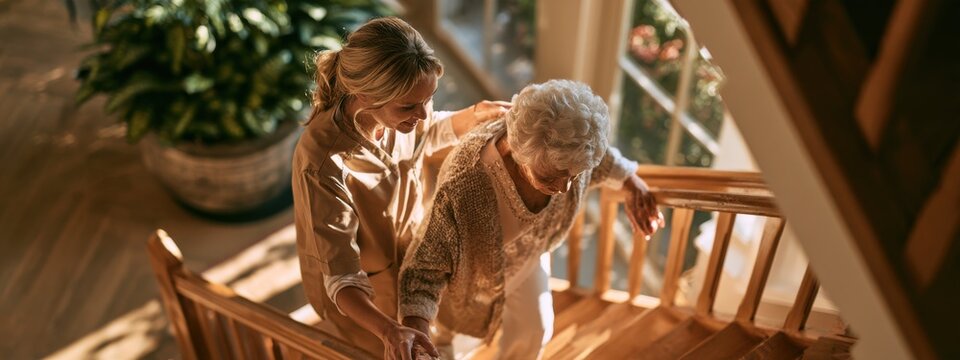 Caregiver assists elderly woman walking down stairs in a bright indoor space during the day