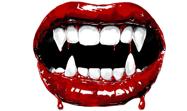 red glossy lips with vampire fangs and dripping blood on white