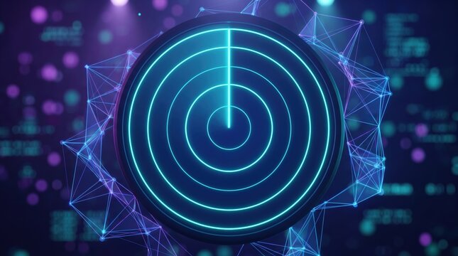 Futuristic Radar Screen Display with Glowing Blue Neon Circular Target Grid and Polyhedral Mesh Network