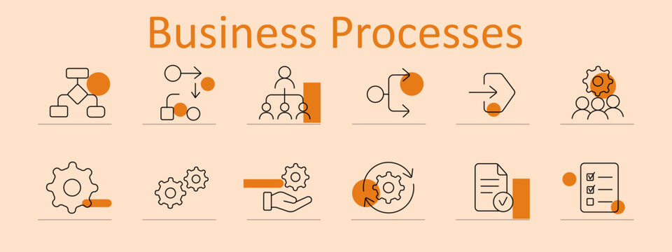 Business Processes set icon. Hierarchy diamond, flow nodes, org chart, process arrow, chevron path, gear people, gear wheel, dual gears, hand gears, cycle, check document, checklist page.