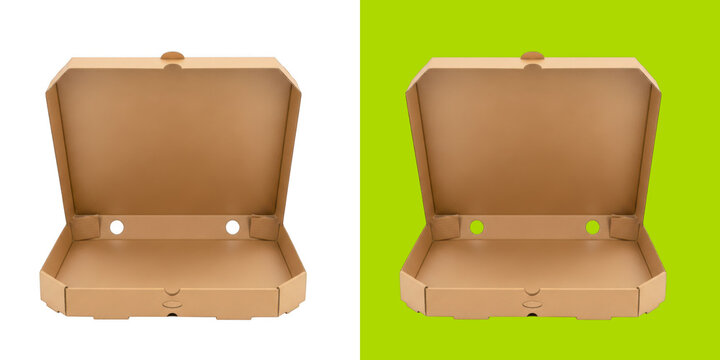 Open empty brown cardboard pizza box for food delivery