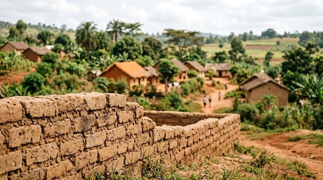 Small village with mud brick houses in rural africa