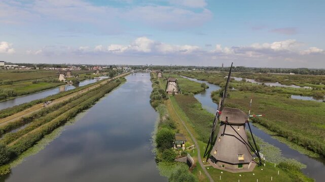 Aerial view of historic windmills and canals at Kinderdijk