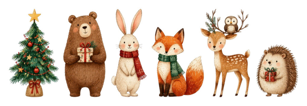 PNG Festive woodland animals Christmas illustration