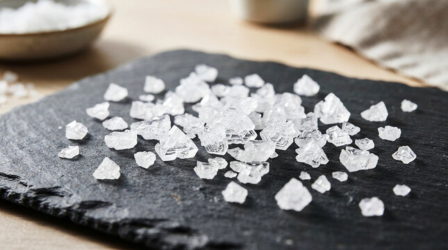 Coarse sea salt flakes scattered on a black slate board with natural light