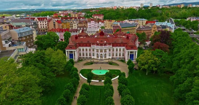 Aerial view of a beautiful forest city featuring incredibly fairytale, like architecture and thermal springs with healing water, Karlovy Vary, Czech Republic