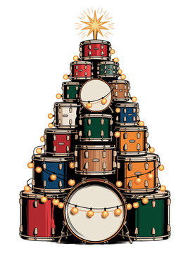 Christmas tree made of colorful drums with festive lights and star