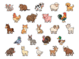 Fototapeta premium Set of cute cartoon farm animals stickers vector illustration