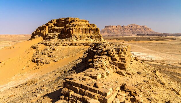 Ancient stone ziggurat ruins standing tall in a vast, arid desert landscape under clear blue skies