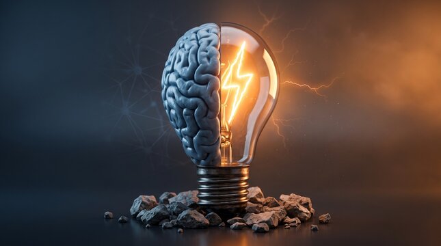 Lightbulb with glowing human brain and electric lightning bolt inside symbolizing breakthrough ideas innovation spark mental energy cognitive insight problem solving