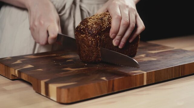 Close-up of baker in rustic linen apron slicing freshly baked artisan whole-grain seed bread with knife on wooden cutting board. Homemade loaf for breakfast, bakery promos, and healthy food concepts.