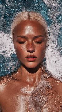 A serene woman reclines in a foamy spa bath, eyes closed in deep relaxation. Warm sunlight and delicate bubbles evoke luxury wellness and tranquil sensory comfort.