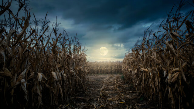 Full moon shining over a dried corn field at night with a dark cloudy sky with illuminates path between corn stalks