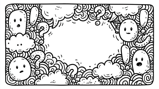 Whimsical black-and-white doodle border with surprised faces and question marks.