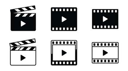 Fototapeta premium Cinema vector graphic set featuring film clapperboards and video strips for multimedia projects with minimalist black and white flat design
