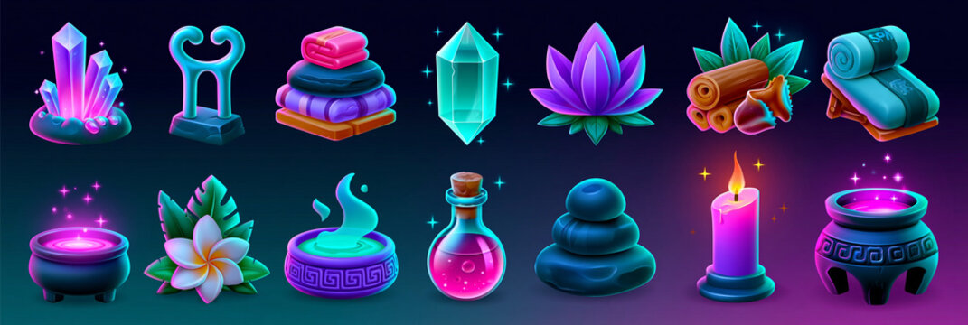 Colorful magical elements including crystals, potions, and plants on a dark background.