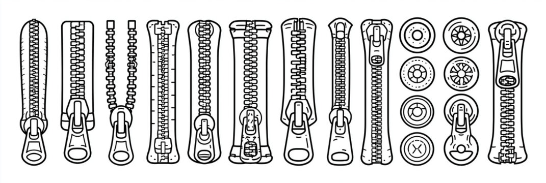 Collection of various zippers in different styles and designs on a white background.