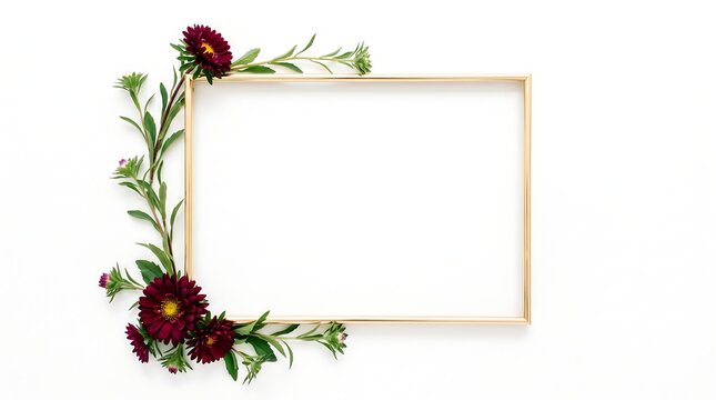 Floral frame with burgundy asters and green leaves on a white background