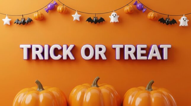 A vibrant and festive halloween scene featuring pumpkins decorative lights and the classic trick or treat message invoking a spirit of playful