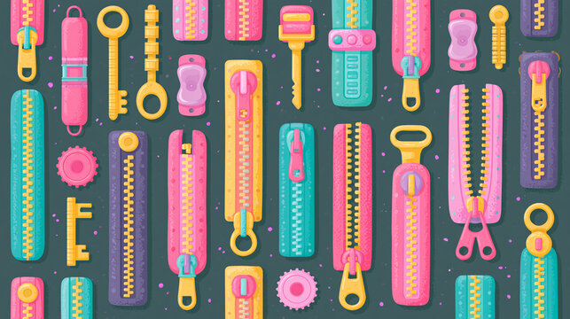 Colorful zipper illustrations in vibrant hues and varied designs on a dark background.