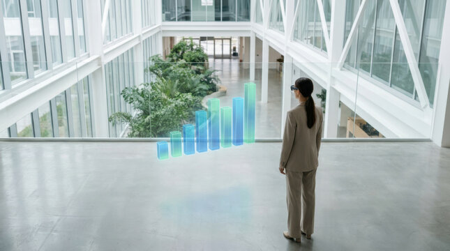 Modern office woman business suit data visualization glass atrium collaborative teamwork with AI assistant insights and data