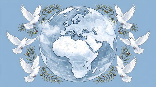 international day of peace beautiful globe surrounded by white doves and fresh olive branches floating against a clean light blue background