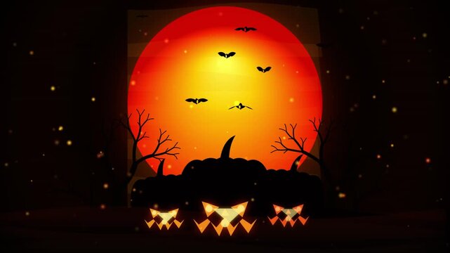 Halloween moon over silhouette pumpkin patch with flying bats during spooky night