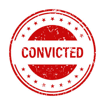 Red round rubber stamp with the word CONVICTED in a distressed grunge style for legal documents