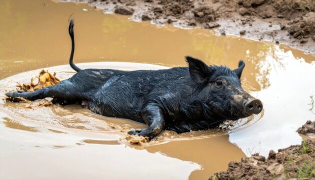 Black farm pig comfortably wallowing in a muddy puddle in a rural setting