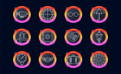 Industrial engineering set icon. Zeppelin, ship porthole, circular spectacles, umbrella, factory, secure vault, mechanical heart, street lantern, pressure gauge, winged cogwheel, travel suitcase © Anastasia