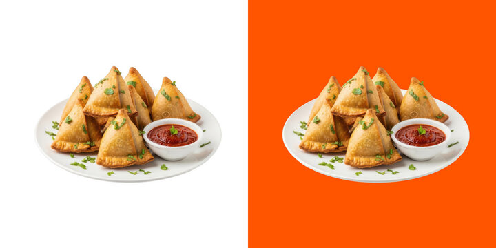 Delicious crispy fried vegetable samosas on a white plate png