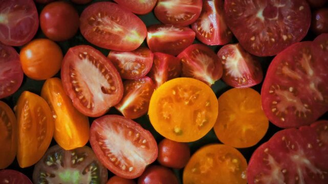 Glistening juice and seeds visible on freshly sliced yellow and red tomatoes. Smooth camera movement reveals rich natural texture in close-up. Idea of colorful food background