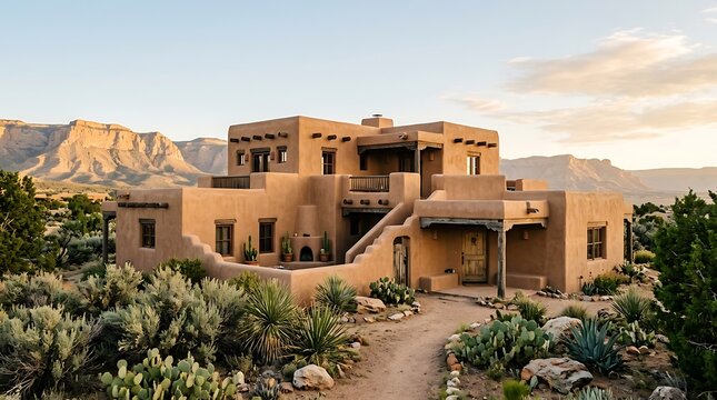 Southwestern style adobe house in the desert landscape