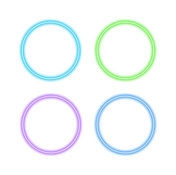 Neon glowing circle frame set in cyan, green, purple and blue light ring borders isolated on transparent background for UI badge, banner design and modern tech design elements, PNG.