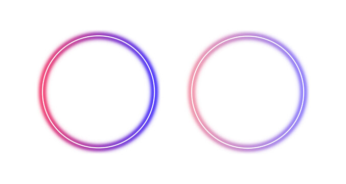Set of round glowing neon circle frames with pink and blue gradient light ring borders for UI buttons, labels, highlights, and modern tech design elements isolated on transparent background, PNG.