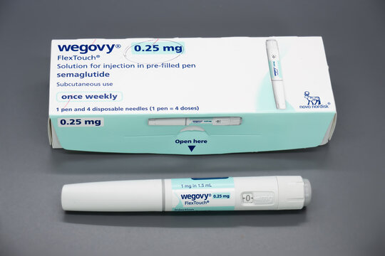 Wegovy 0.25 mg Semaglutide Injection Pen and Packaging Box Studio Shot